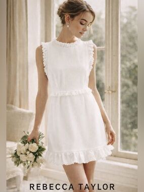 Rebecca Taylor White Ruffle Trim Tweed Mini Dress Size 10 NWT